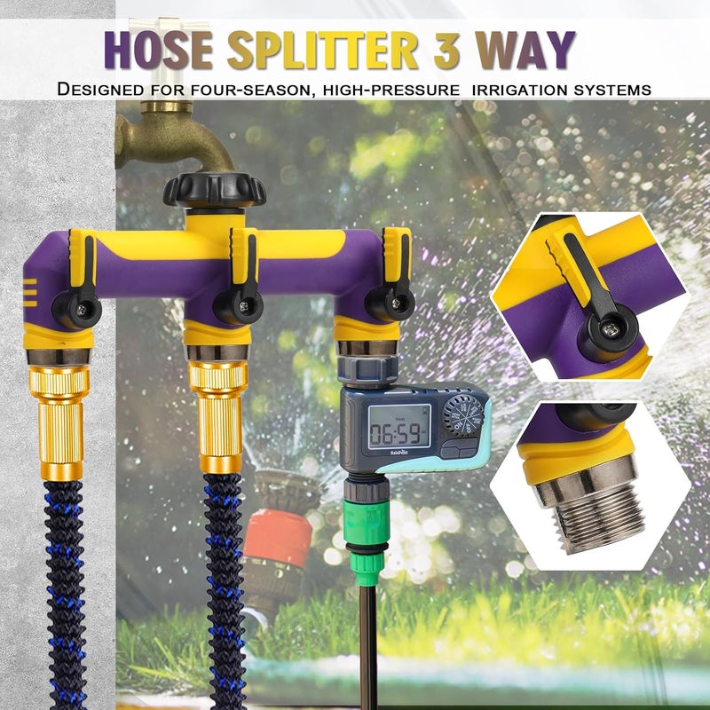 ATAOSGR 3 way Hose Splitter, Garden Hose Water bib Spigot Splitter, T Hose Connector- With Shutoff Valves Water Adapter,Outdoor Faucet Splitter 3/4" GHT Thread, For Outdoor garden irrigation（purple yellow） - Image 4